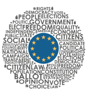 Rundes Europa-Logo umgeben von englischen Worten